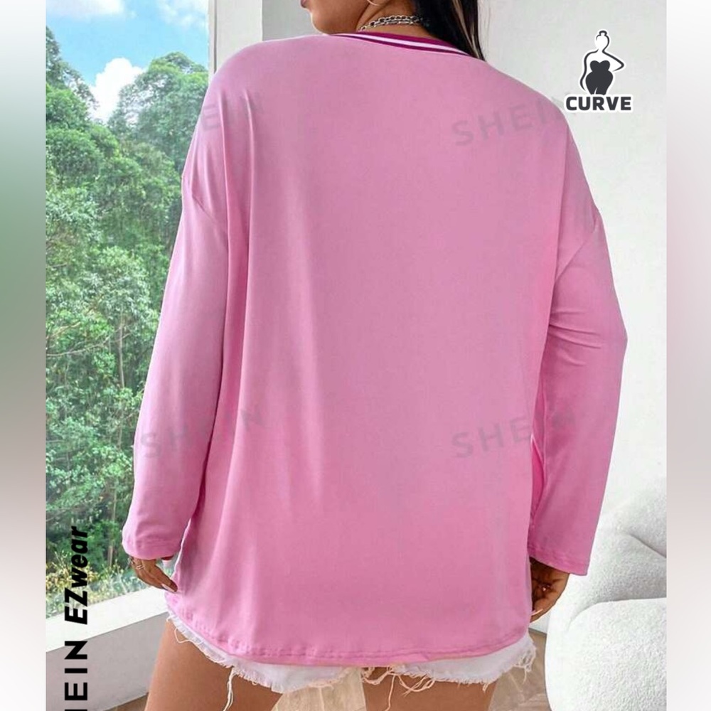Los Angeles Pink V-Neck Long Sleeve Top - Curve - Picture 2 of 2